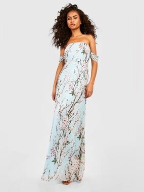 Boohoo Light Blue Floral Off-Shoulder Maxi Dress - Brunch Prom Spring Flowy